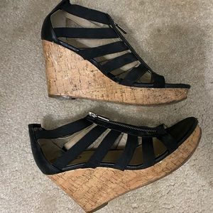 Black strappy cork wedges